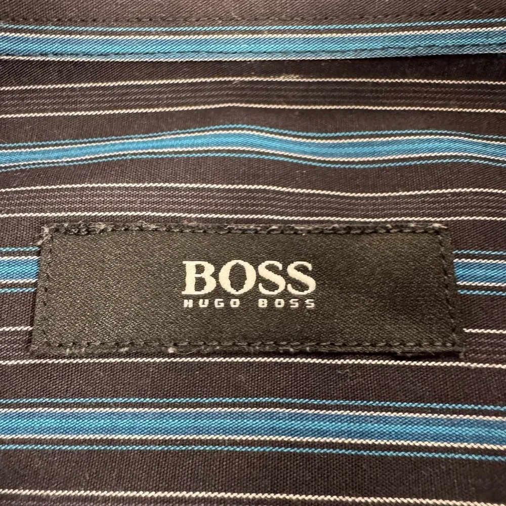 BOSS Hugo Boss Shirt Mens 16 40 Black Blue Stripe Regular‎ Fit Dress Cotton